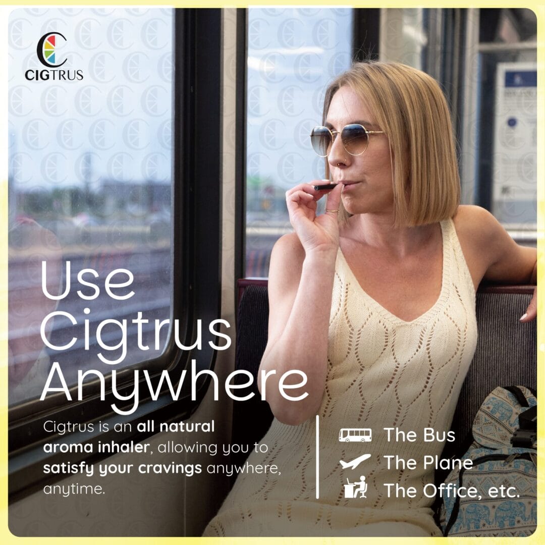 Woman using Cigtrus smokeless nicotine-free inhaler on bus; natural quit smoking aid for cravings, oral fixation relief.