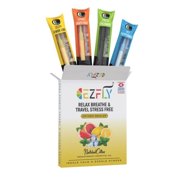 EZFLY oxygen inhaler aromatherapy pack with lemon-lime, grapefruit, spearmint, peppermint scents for stress relief travel.