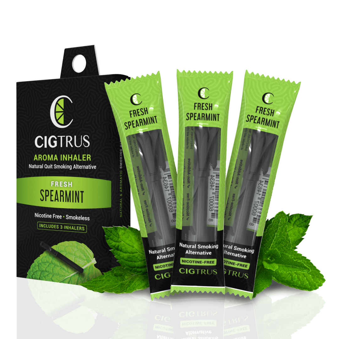 3 packs of Cigtrus spearmint aroma inhalers, nicotine-free, smokeless, natural smoking alternative with fresh mint leaves.