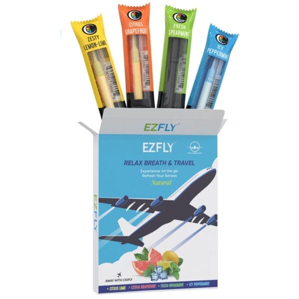 EZ Fly smokeless inhaler 4 Flavor Variety Pack for air travel, featuring citrus, grapefruit, spearmint, peppermint.