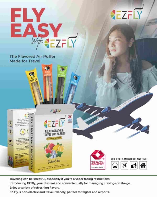 EZFly air puffer for travelers, TSA approved, offers a natural smoking alternative with refreshing flavors for stress-free flights.