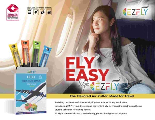 EZFly air puffer for relaxing flights, natural smoking alternative, TSA approved, perfect for travelers, variety flavors.