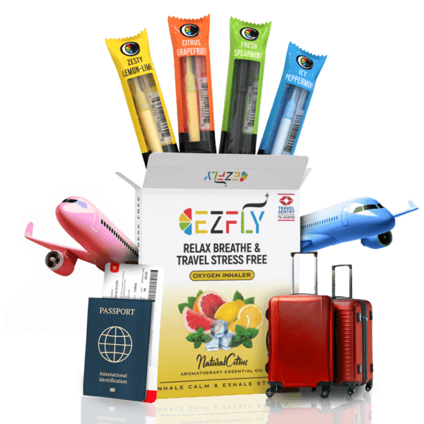 Ezyfly oxygen inhaler kit with citrus flavors, travel essentials, passport, and colorful airplanes for stress-free travel.