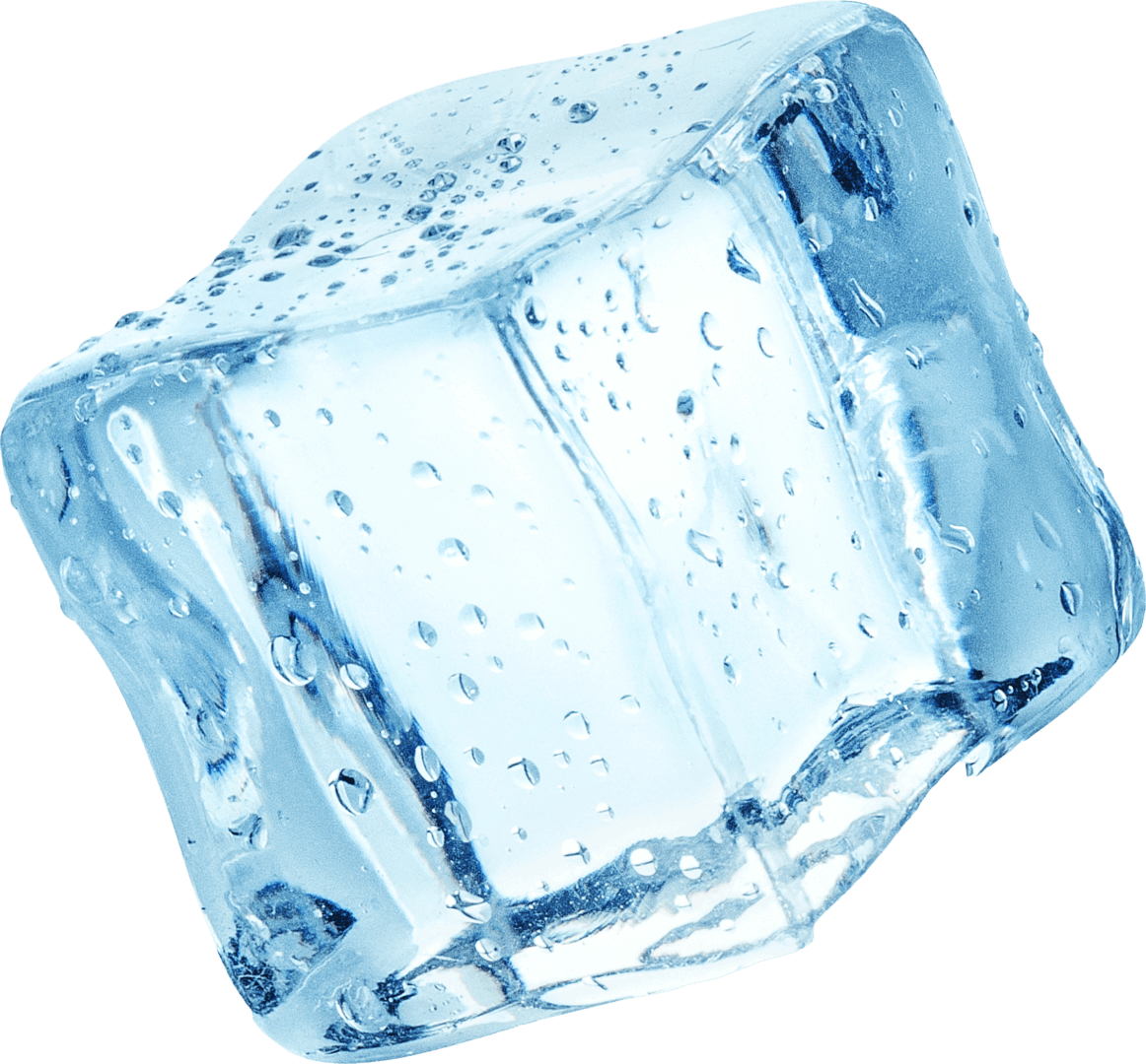 Clear ice cube with bubbles, isolated on white background, melting texture, close-up.