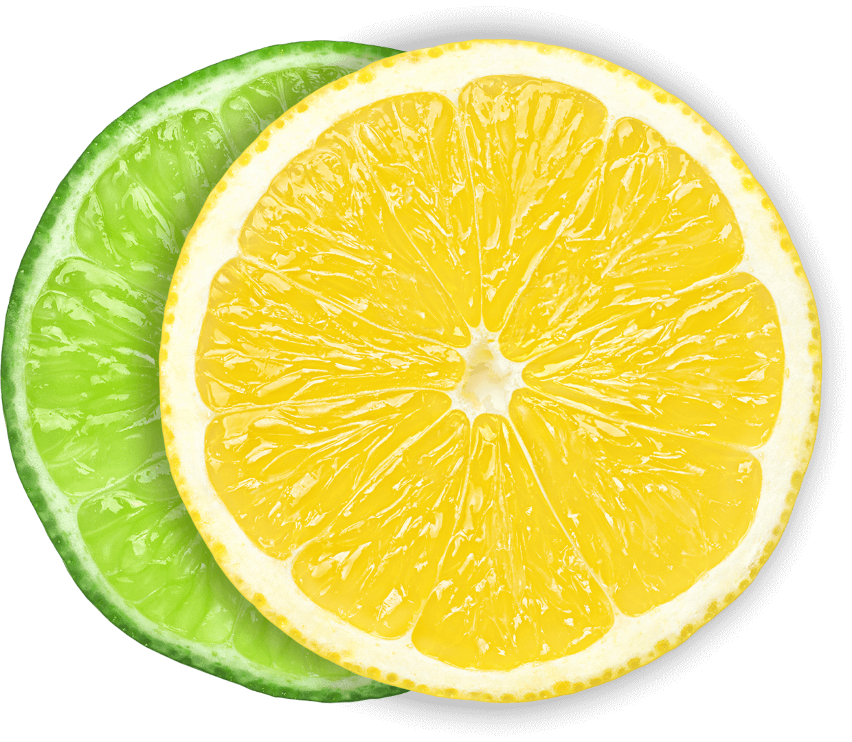 Slices of fresh lemon and lime, vibrant yellow and green citrus fruits, isolated on black background.