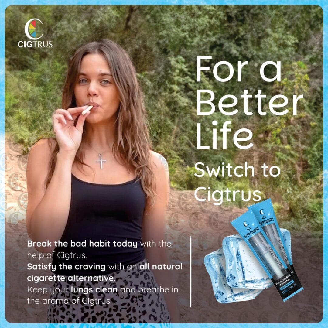 Cigtrus nicotine-free smokeless inhaler for quitting smoking, craving relief; woman using natural cigarette alternative.