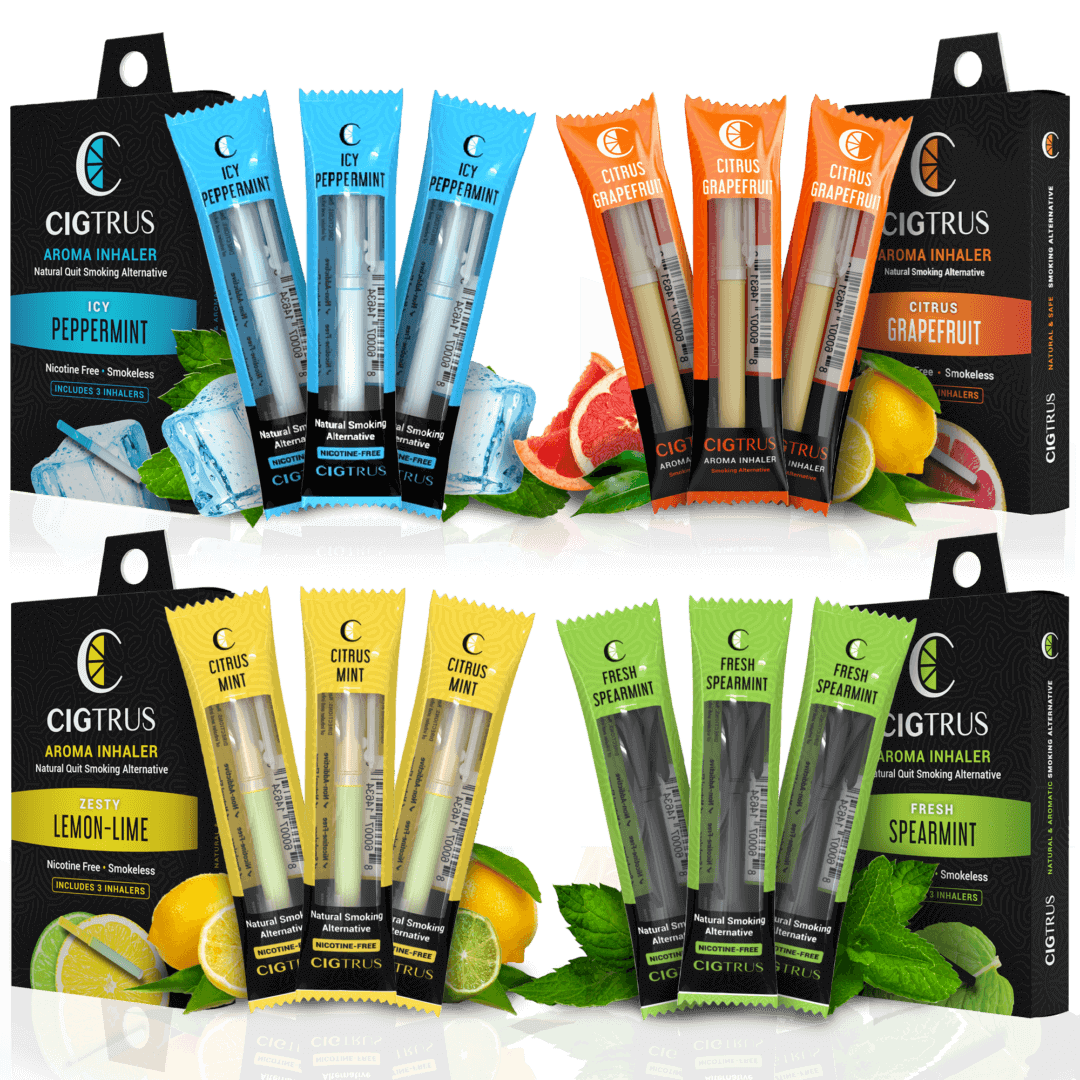 Cigtrus aroma inhalers pack with flavors: icy peppermint, citrus grapefruit, lemon-lime, fresh spearmint. Smoke-free alternative.