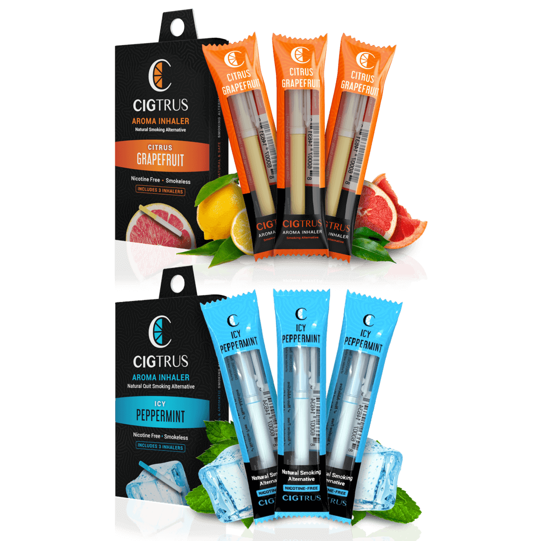 Citrus grapefruit and icy peppermint aroma inhaler packs, nicotine-free smoking alternative, three-pack combo.