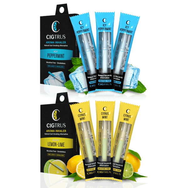 Cigtrus aroma inhalers pack, featuring icy peppermint and zesty lemon-lime flavors, natural quit smoking alternative.