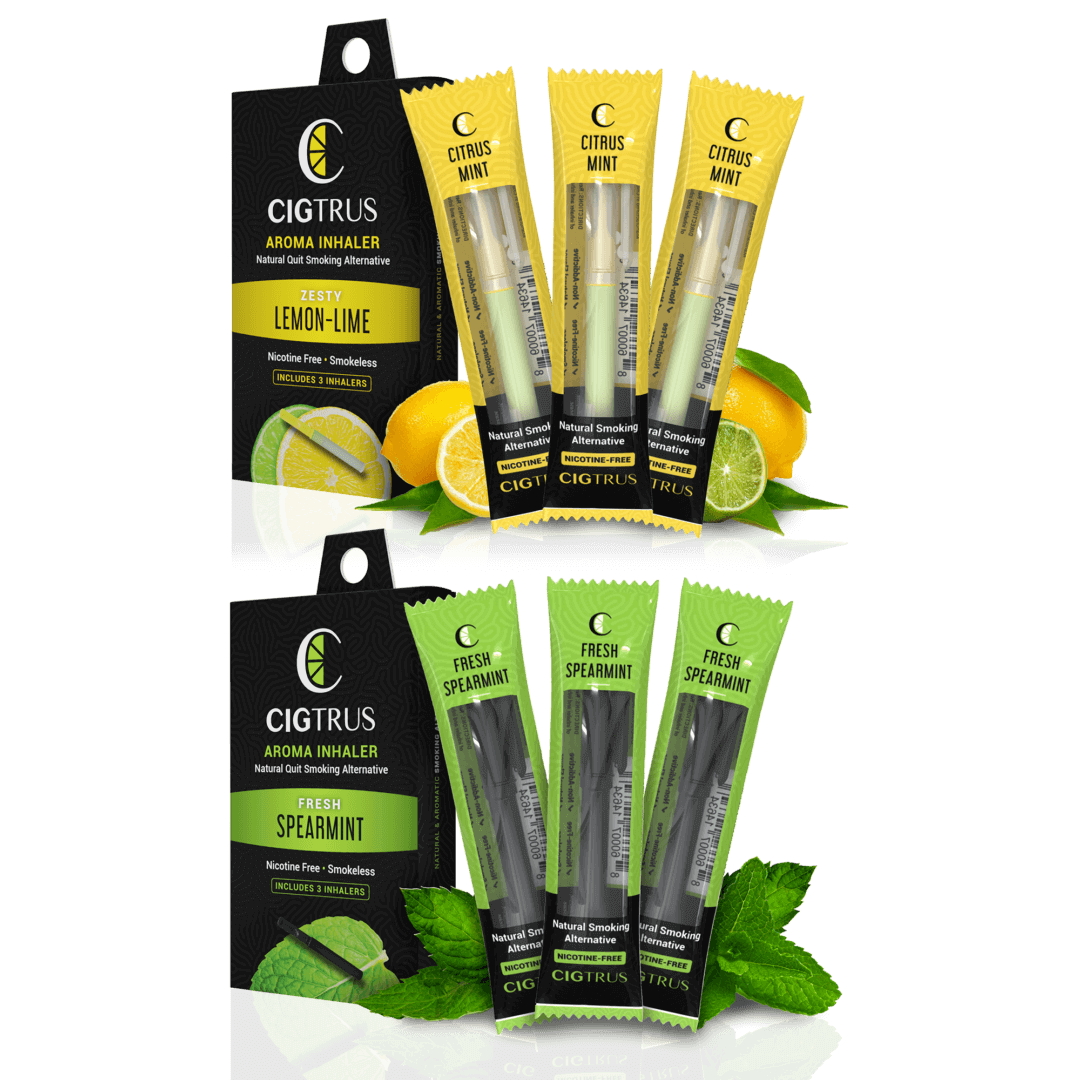 Cigtrus aroma inhaler packs, lemon-lime and fresh spearmint flavors, nicotine-free smoking alternative combo.