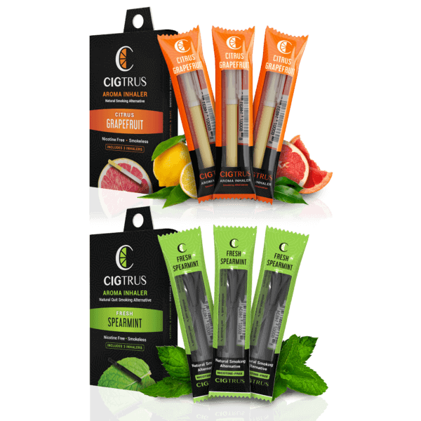 Spearmint and grapefruit aroma inhaler packs, nicotine-free, natural smoking alternative by CIGTRUS.