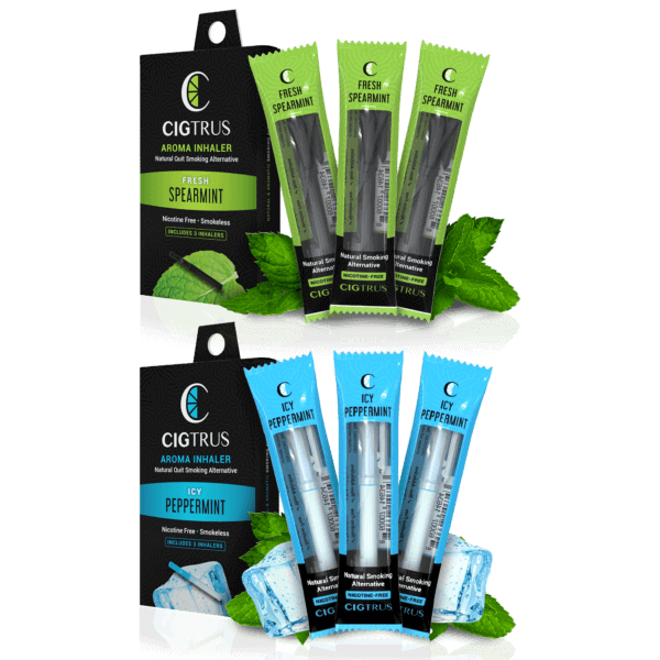 Spearmint and Peppermint aroma inhalers, nicotine-free smoking alternative packs, fresh mint, icy peppermint flavor.