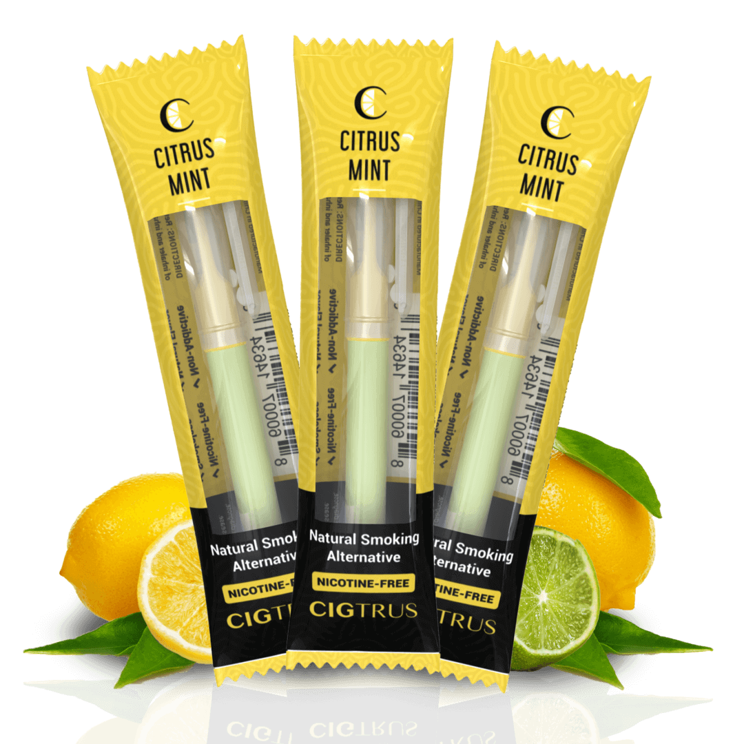 3 packs of Citrus Mint nicotine-free smoking alternatives with lemons and limes, natural smoking aid.