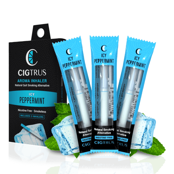 Cigtrus Icy Peppermint aroma inhaler pack, natural nicotine-free quit smoking aid with mint and ice background.