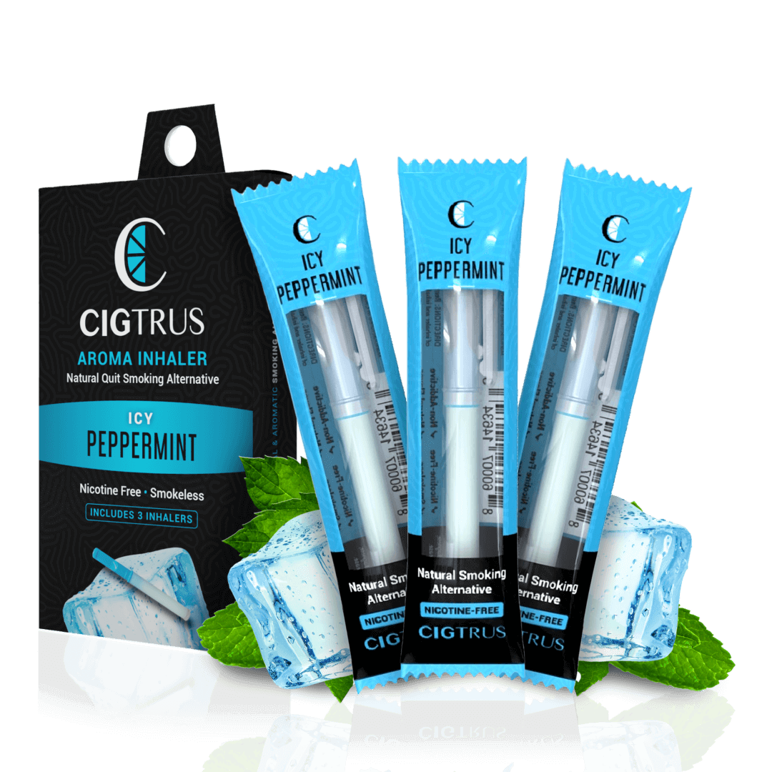 Cigtrus Icy Peppermint aroma inhaler pack, natural nicotine-free quit smoking aid with mint and ice background.