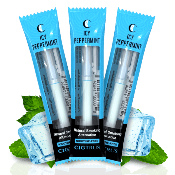Three packs of Icy Peppermint nicotine-free smoking alternative with mint leaves and ice cubes.