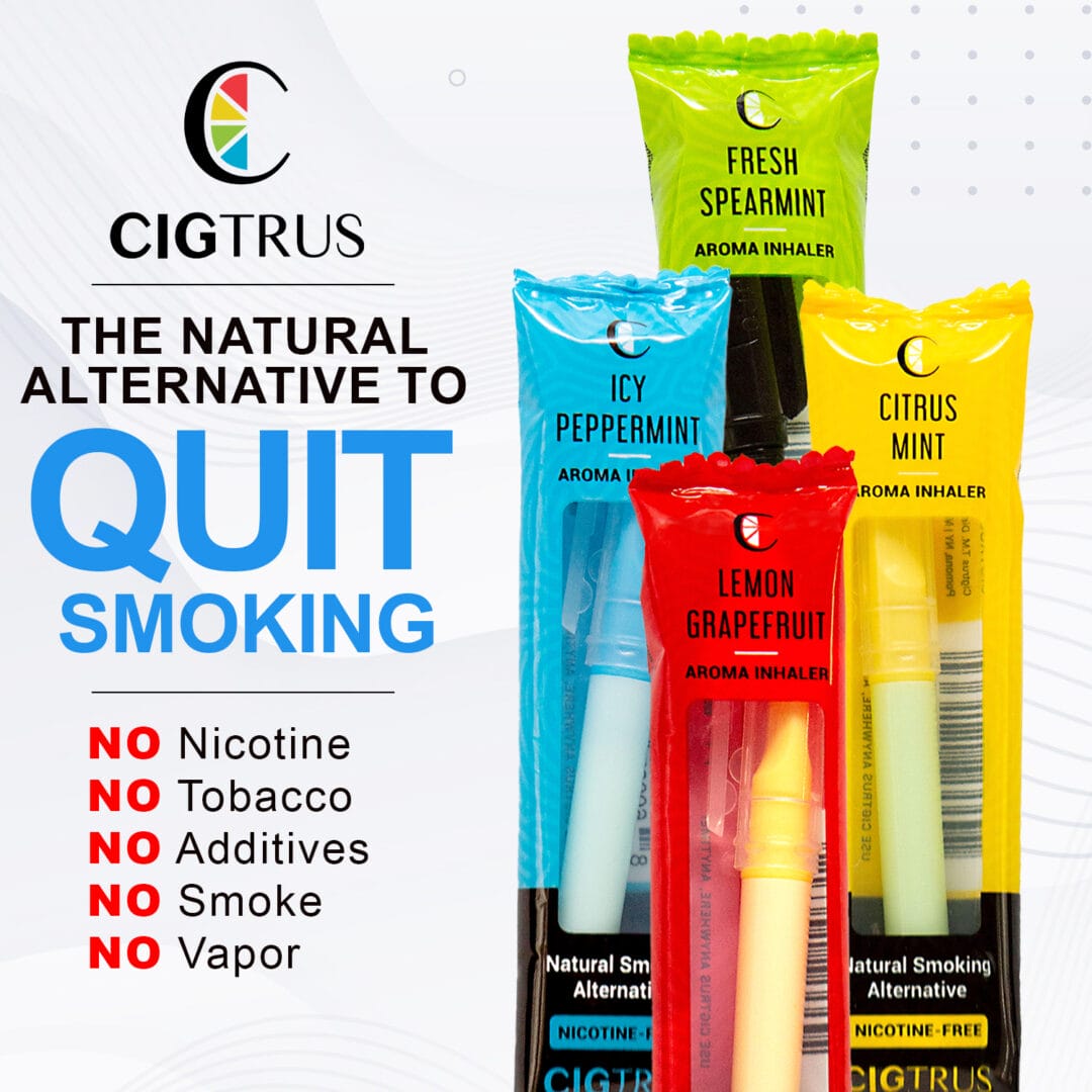 Cigtrus natural smoking alternative inhalers, nicotine-free, tobacco-free, in citrus mint, icy peppermint, lemon grapefruit flavors.