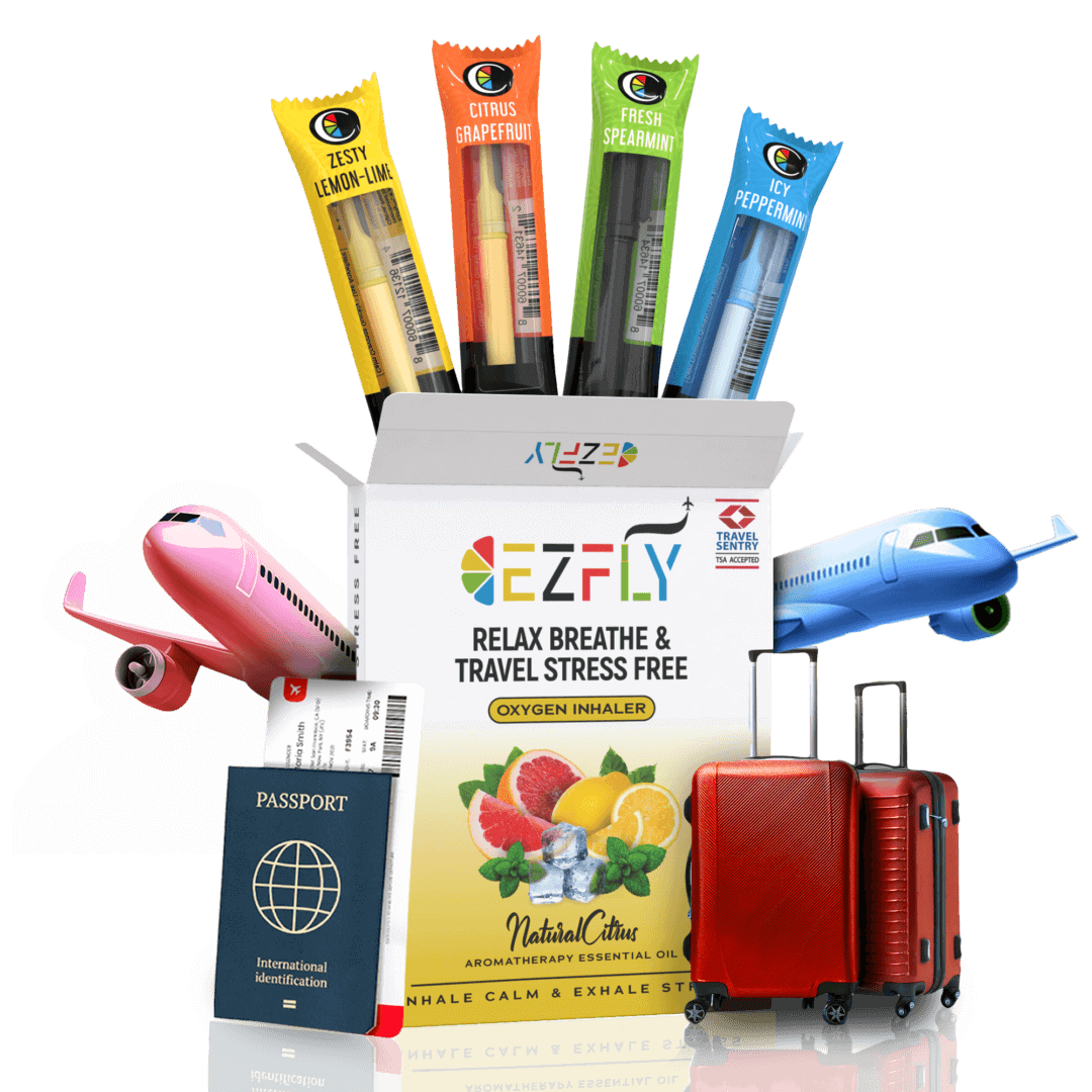 Ezyfly travel oxygen inhaler set with citrus flavors, passport, and luggage, promoting stress-free travel and relaxation.