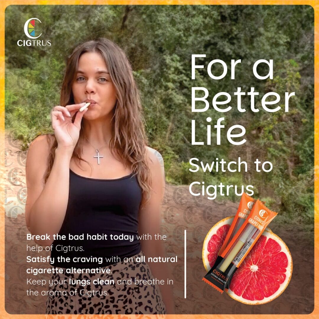 Cigtrus nicotine-free smokeless inhaler ad with woman outdoors, grapefruit and spearmint flavor, quit smoking aid.