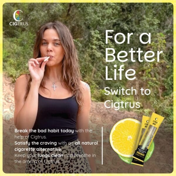Cigtrus nicotine-free smoking alternative, woman using aroma inhaler, citrus mint, icy peppermint, quit smoking aid.