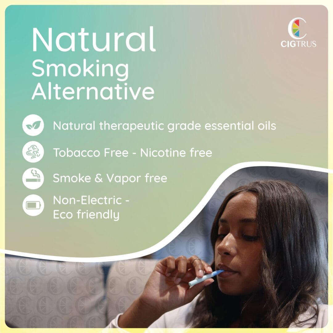 Natural smoking alternative inhaler, nicotine-free, tobacco-free, eco-friendly, with essential oils, citrus mint flavor.