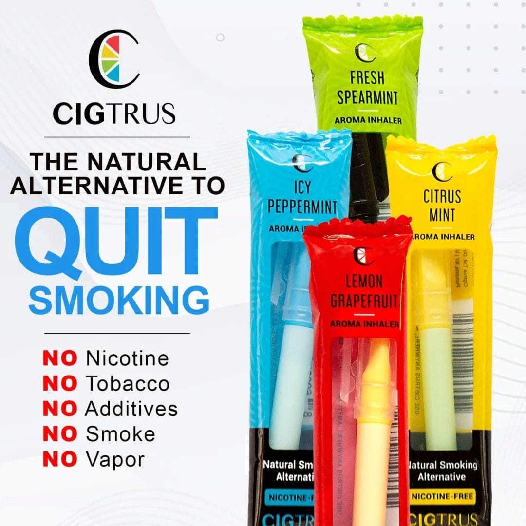 CIGTRUS smokeless aroma inhalers in various flavors, nicotine-free quit smoking aid, natural alternative behavioral support.