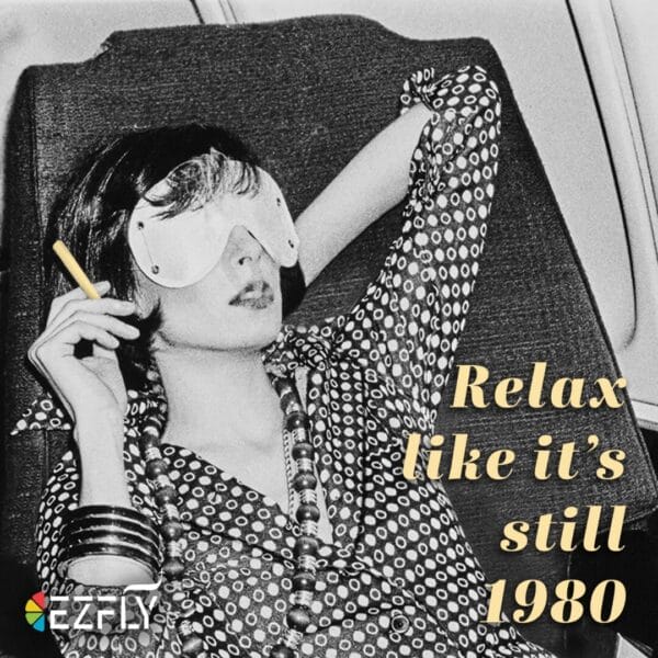 Retro 1980s travel relaxation with vintage fashion, woman in polka dot dress, eye mask, and bracelets on airplane seat.