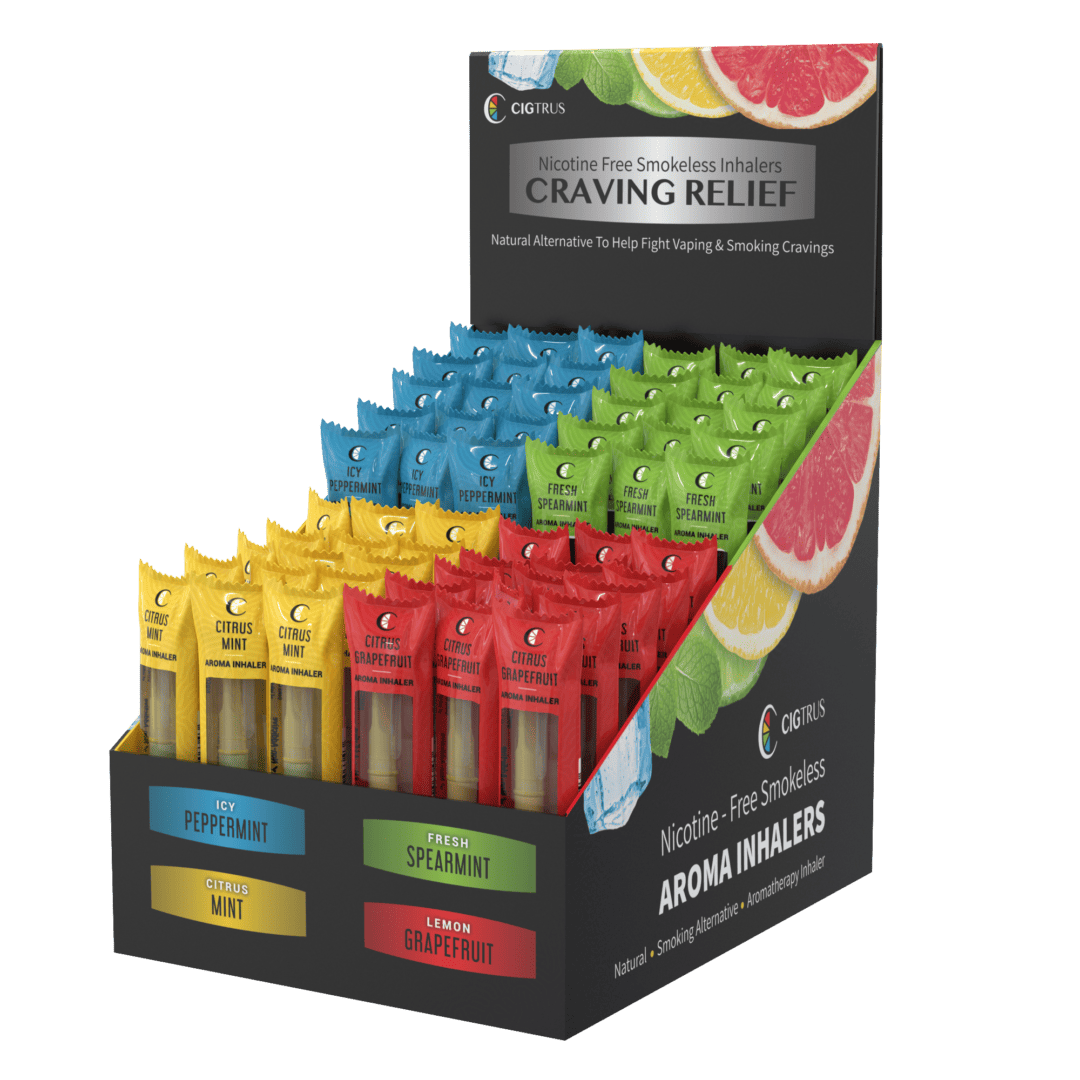 Cigtrus display with nicotine-free smokeless aroma inhalers in various flavors for craving relief and smoking alternative.