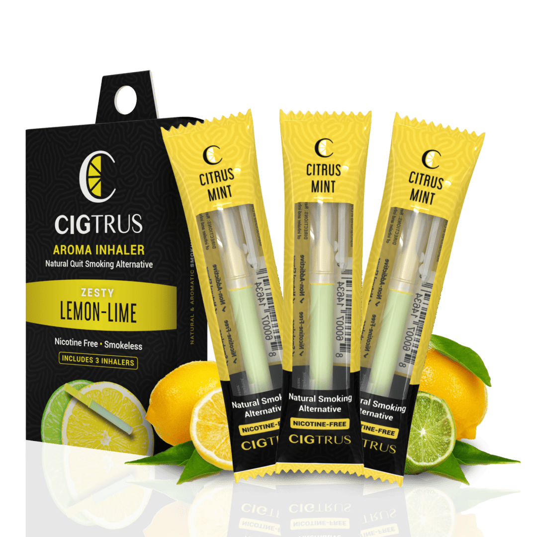 Citrus mint aroma inhalers, lemon-lime flavor, nicotine-free smoking alternative, 3-pack with fresh lemons and limes.