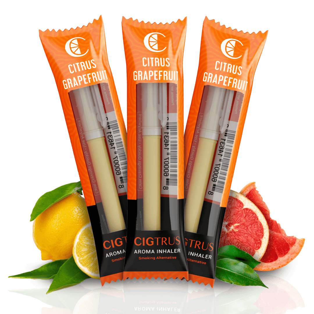Three citrus grapefruit aroma inhalers with fresh oranges and grapefruits, smoking alternative product packaging.