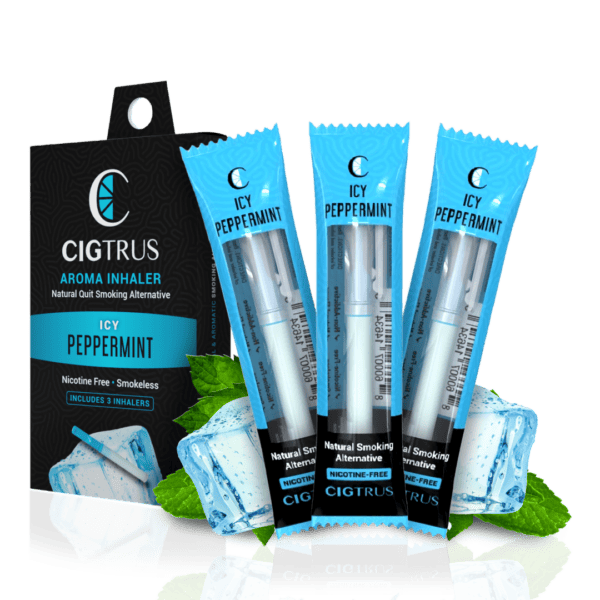 Nicotine-free icy peppermint aroma inhaler pack, natural quit smoking aid with fresh mint leaves and ice cubes.