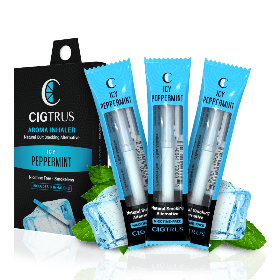Nicotine-free icy peppermint aroma inhaler pack, natural quit smoking aid with fresh mint leaves and ice cubes.