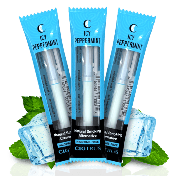 Three packs of Icy Peppermint nicotine-free smoking alternatives with mint leaves and ice cubes.