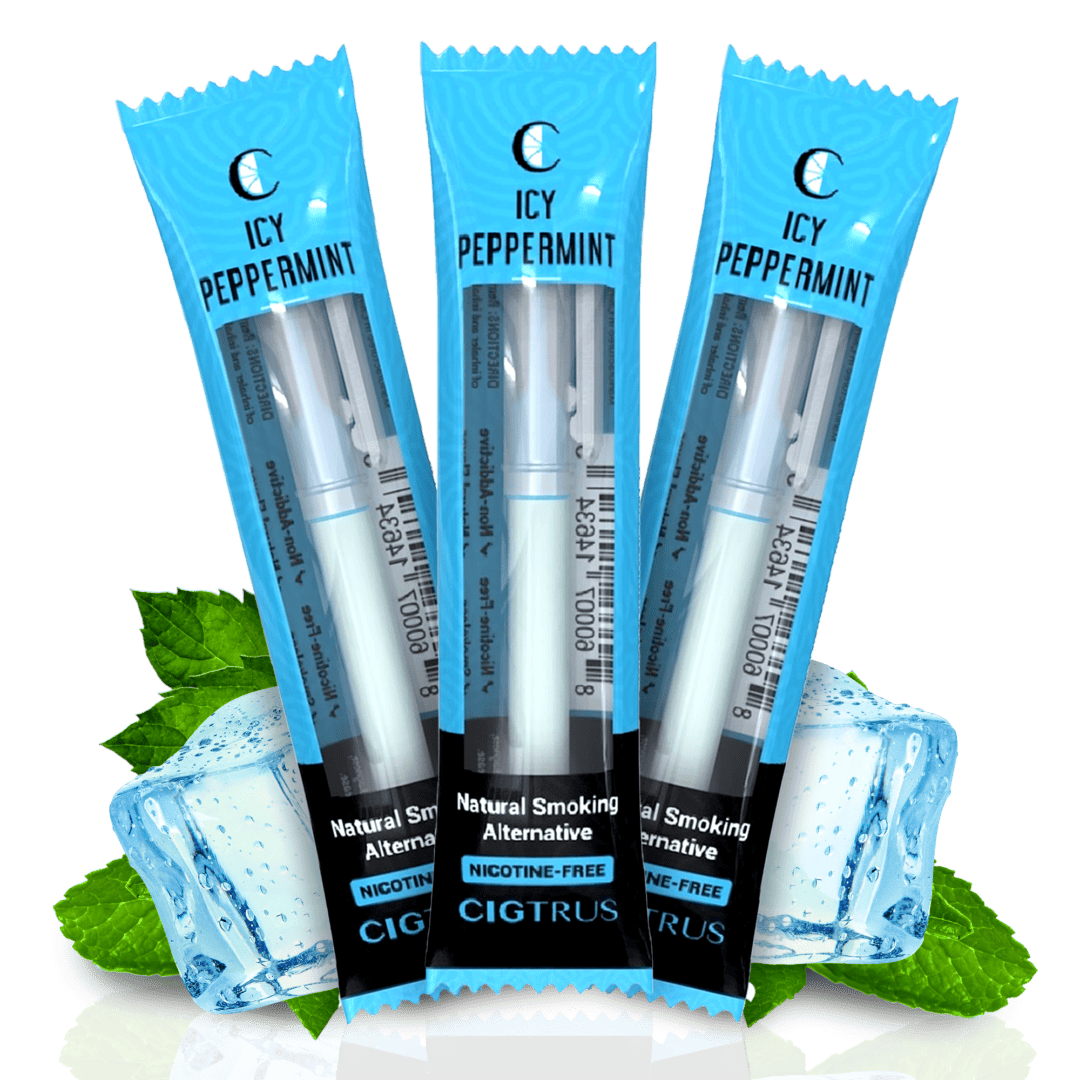 Three packs of Icy Peppermint nicotine-free smoking alternatives with mint leaves and ice cubes.